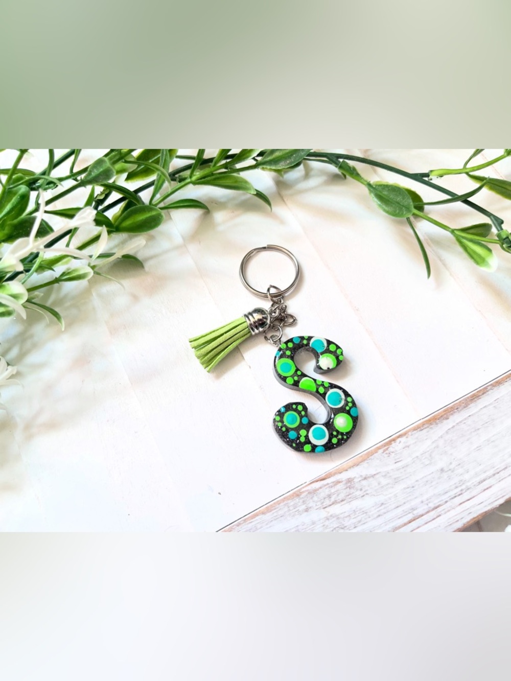 Letter S Keychain with Lime Tassel